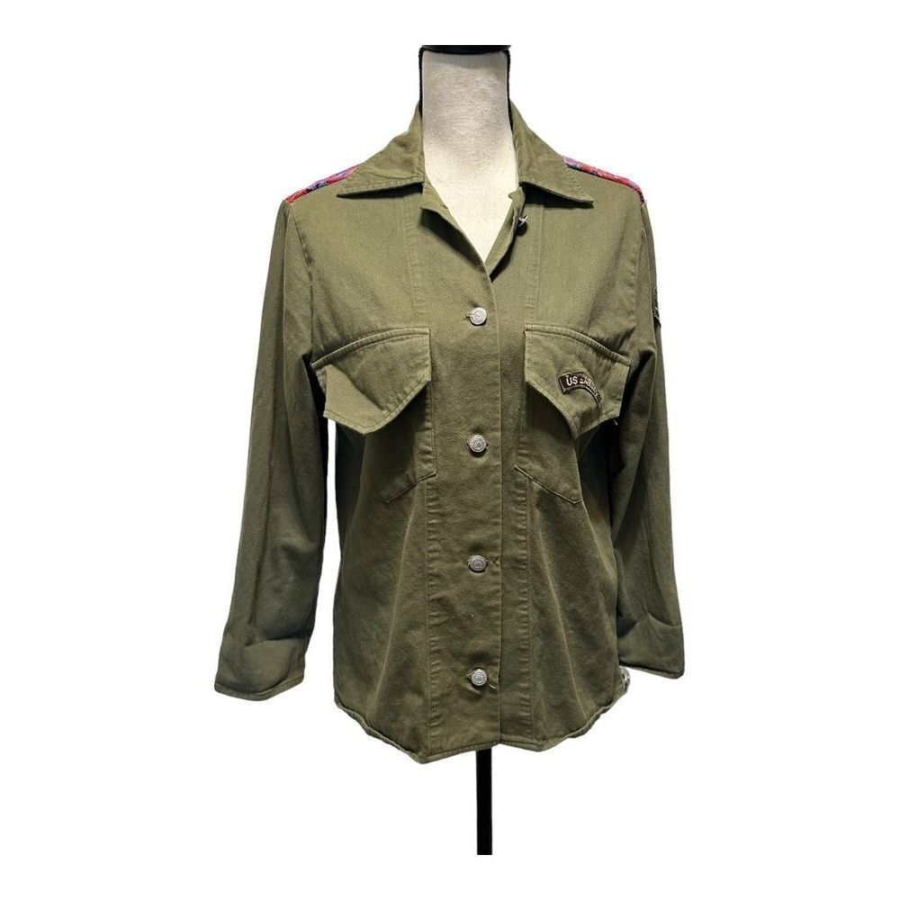 For Love & Lemons Womens Utility Jacket Army Green Khaki Long Sleeve Button-Up M